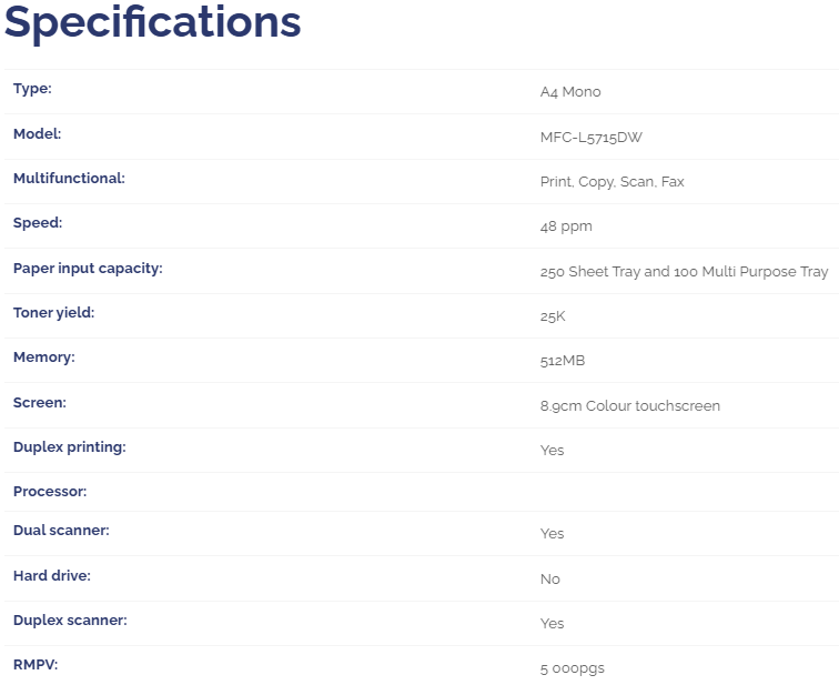MFC L5715DW Specs